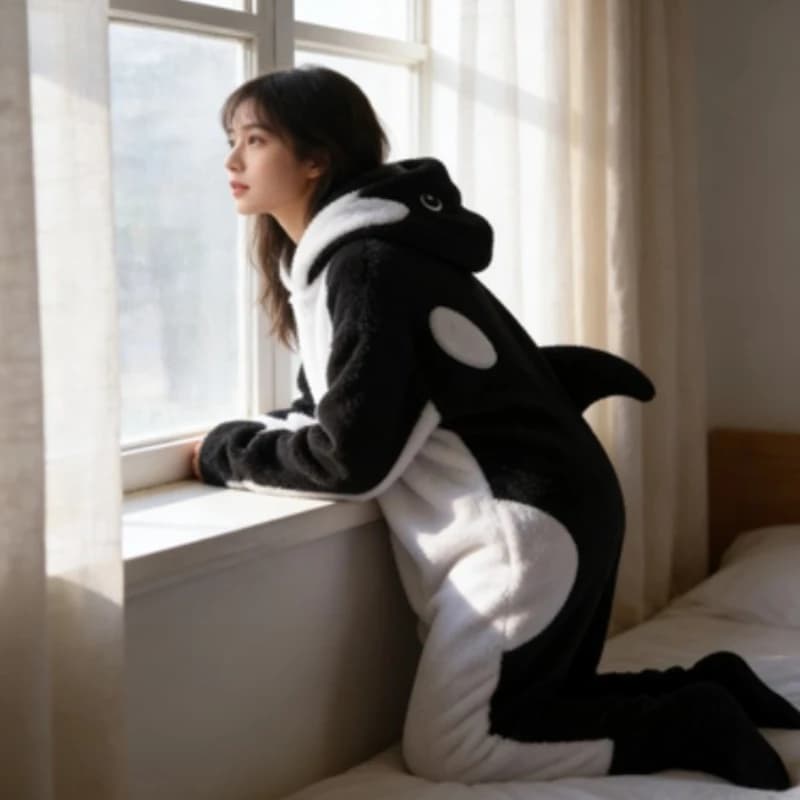 Animal Pelo Satin Carton, Wearable Cover, Full pajamas with Dolphin Shape Hood, Kids and Adult Homewear