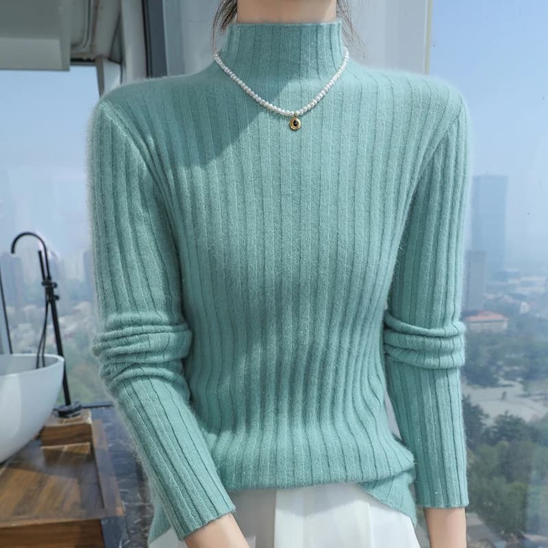 100% Pure Mink Cashmere Knit Pullover Lady's Semi-High Neck Slim Sprout Sweater Casual Joker Warm Bottoming Shirt Autumn Blouse