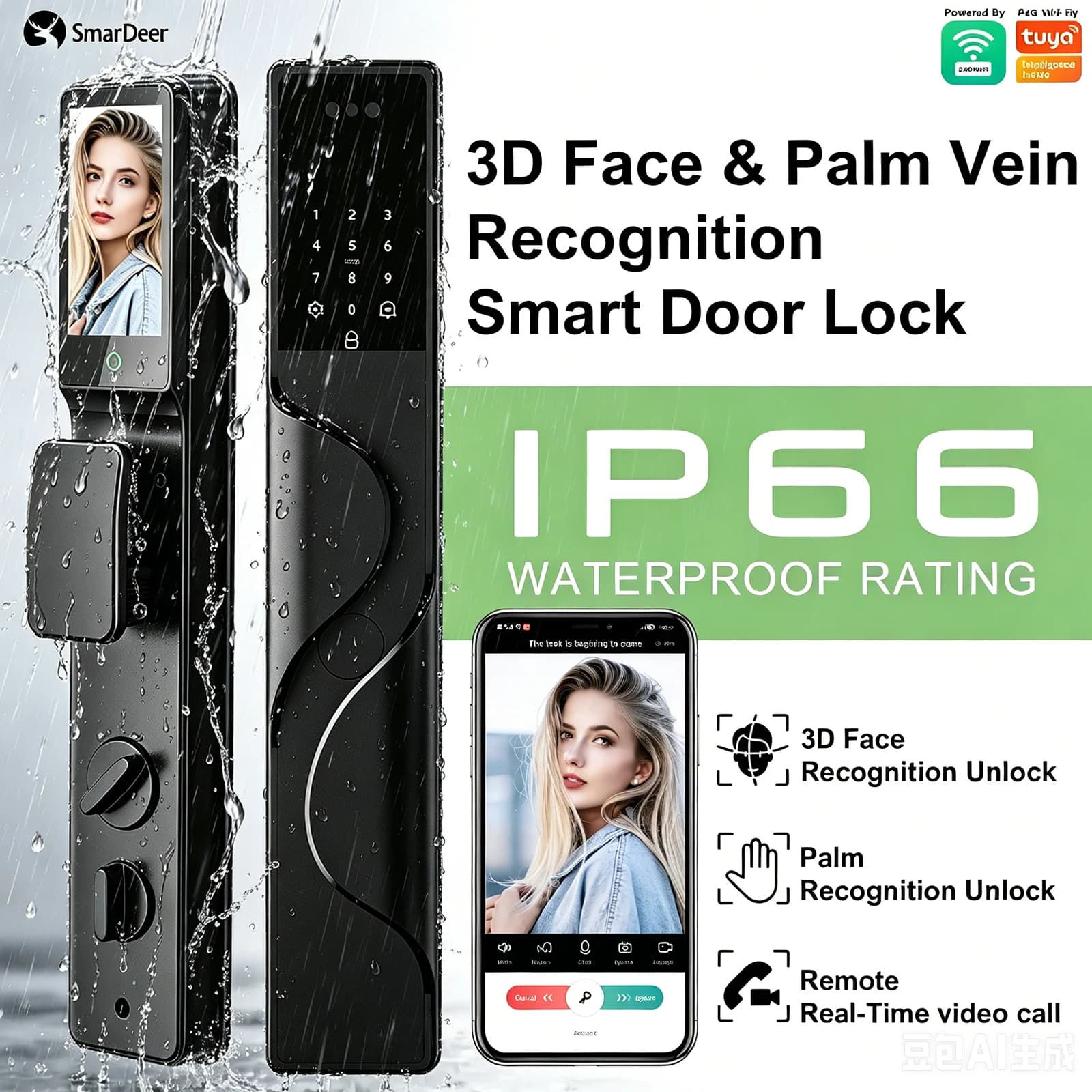 SmarDeer IP66 Waterproof Smart Lock for 6590 Mortise Lock Israel,3D Facial & Palm Vein Recognition Fingerprint Door Lock