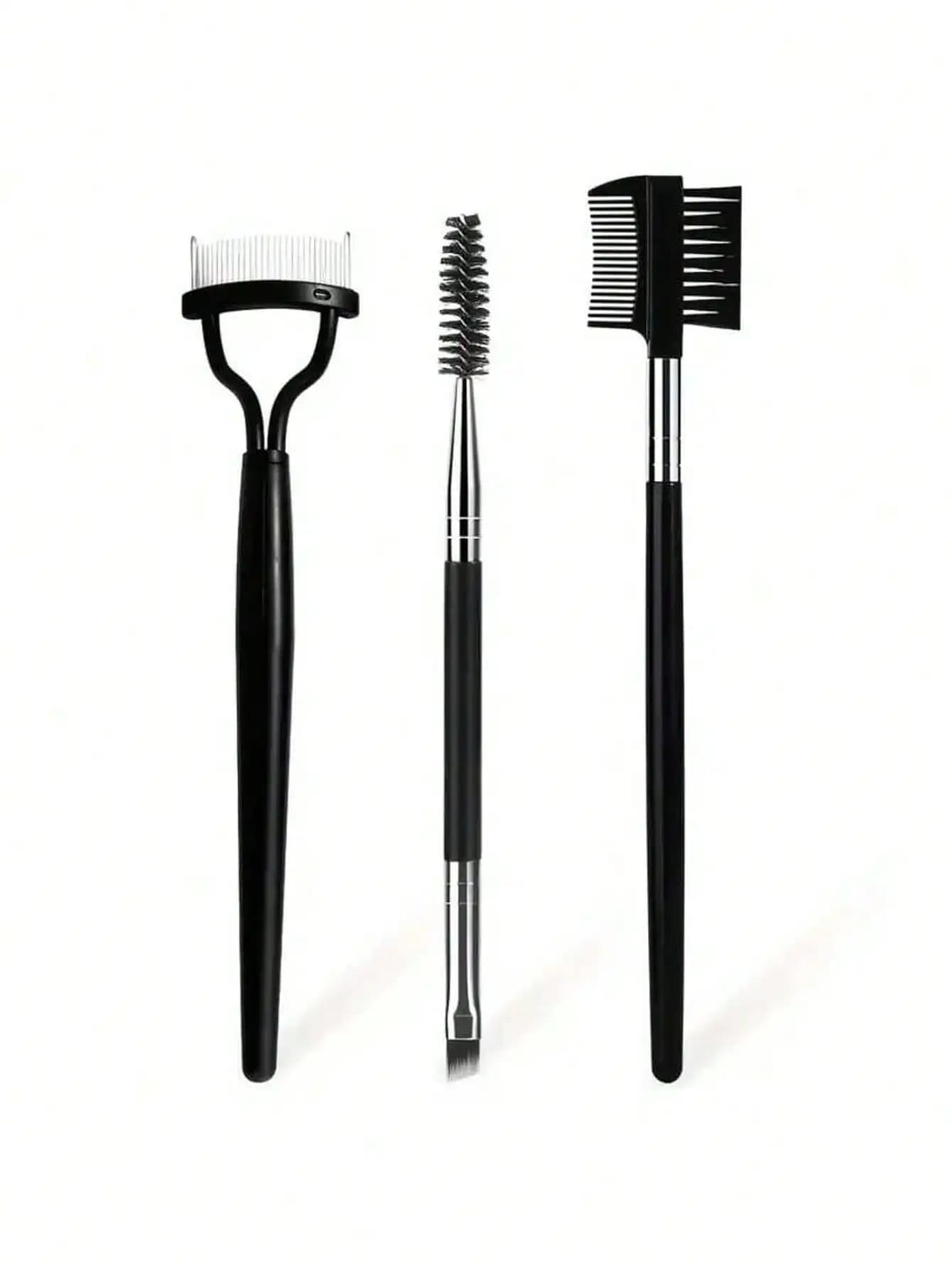 Set di 3 strumenti professionali per il trucco: pettine per sopracciglia e ciglia in acciaio inossidabile, spazzola e separatore per mascara in silicone - Design nero alla moda adatto a tutti i tipi di pelle, trucco, economico, decorazioni per la stanza, vanità, viaggi, camera da letto, accessori per il trucco, economico, regali di Natale, Ma