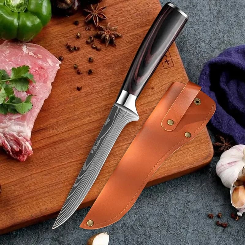 Coltello da cucina coltello da macellaio modello Laser damasco coltello da macellaio in acciaio inossidabile carne di ossa pesce frutta verdura coltello da cuoco con coperchio