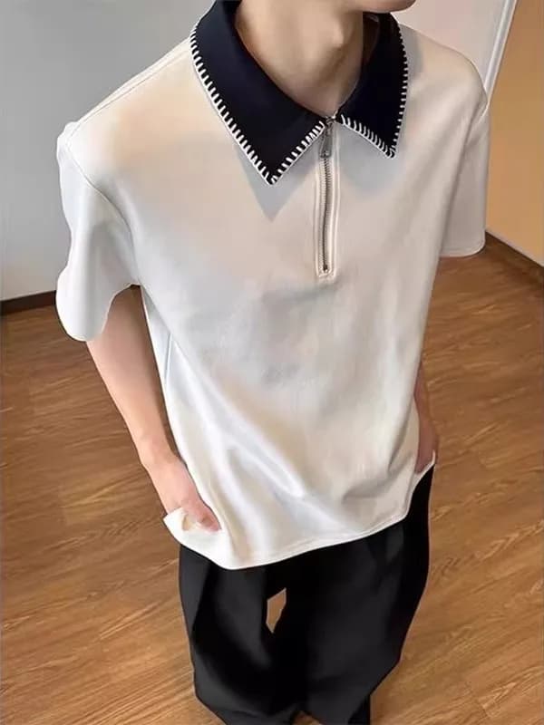 Cleanfit White Shirt Half Zipper Hand Sewn Line Short Sleeve Men's Summer American Style Breathable T-Shirt Shoulder Fit