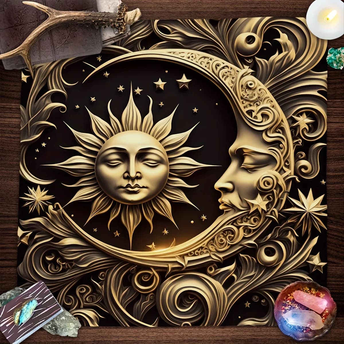 Panno per tarocchi celeste con sole e luna – Design con stelle e cristalli per le vacanze, decorazioni per la casa e letture di carte