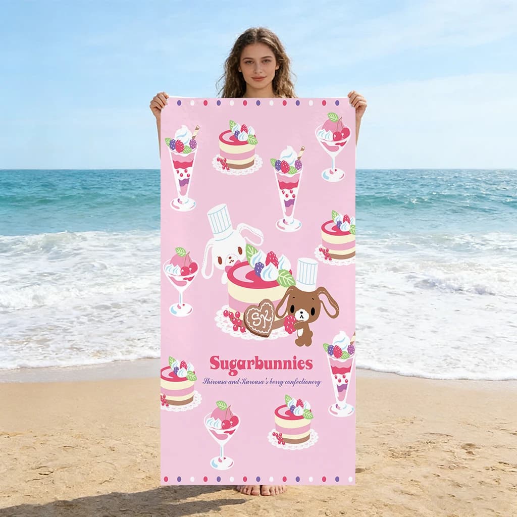 Asciugamano da spiaggia Sugarbunnies Dessert, asciugamano in microfibra ad asciugatura rapida, simpatico asciugamano da bagno rosa con cartoni animati per spiaggia, piscina e viaggi
