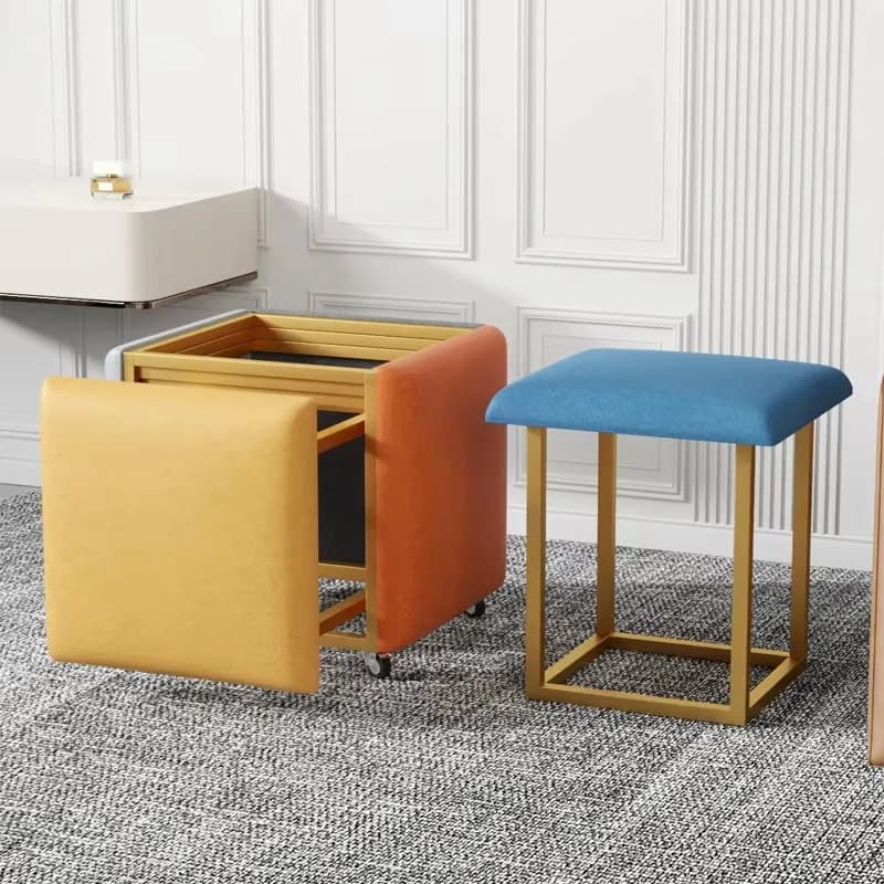 Set Moderno di Pouf e Sgabello Imbottito in Velluto con Contenitore, Sgabello Multifunzione per Hotel, Poggiapiedi in Metallo