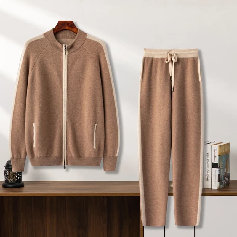 Men's Knitted Set High Quality 100% Cashmere Round Neck Zipper Open Jacket Casual Knitted Straight Leg Pants Pocket Two PieceSet
