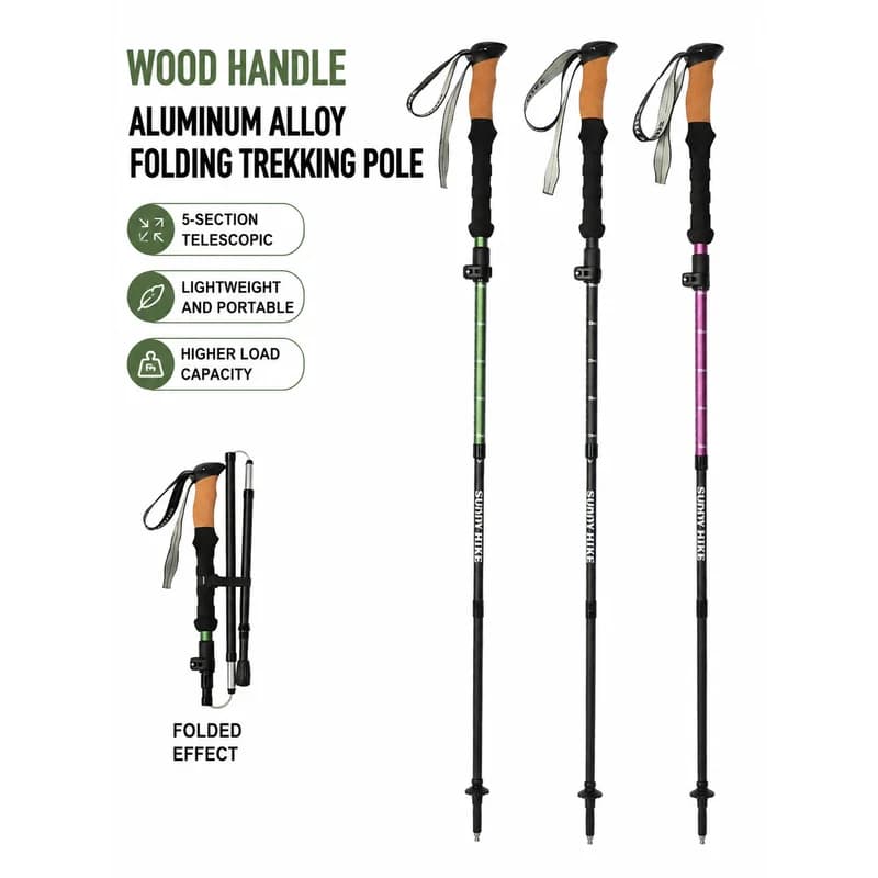 Ultralight Folding Trekking Pole with Cork Handle, Aluminum Alloy Adjustable Hiking Walking Stick for Mountaineering Travel Gear