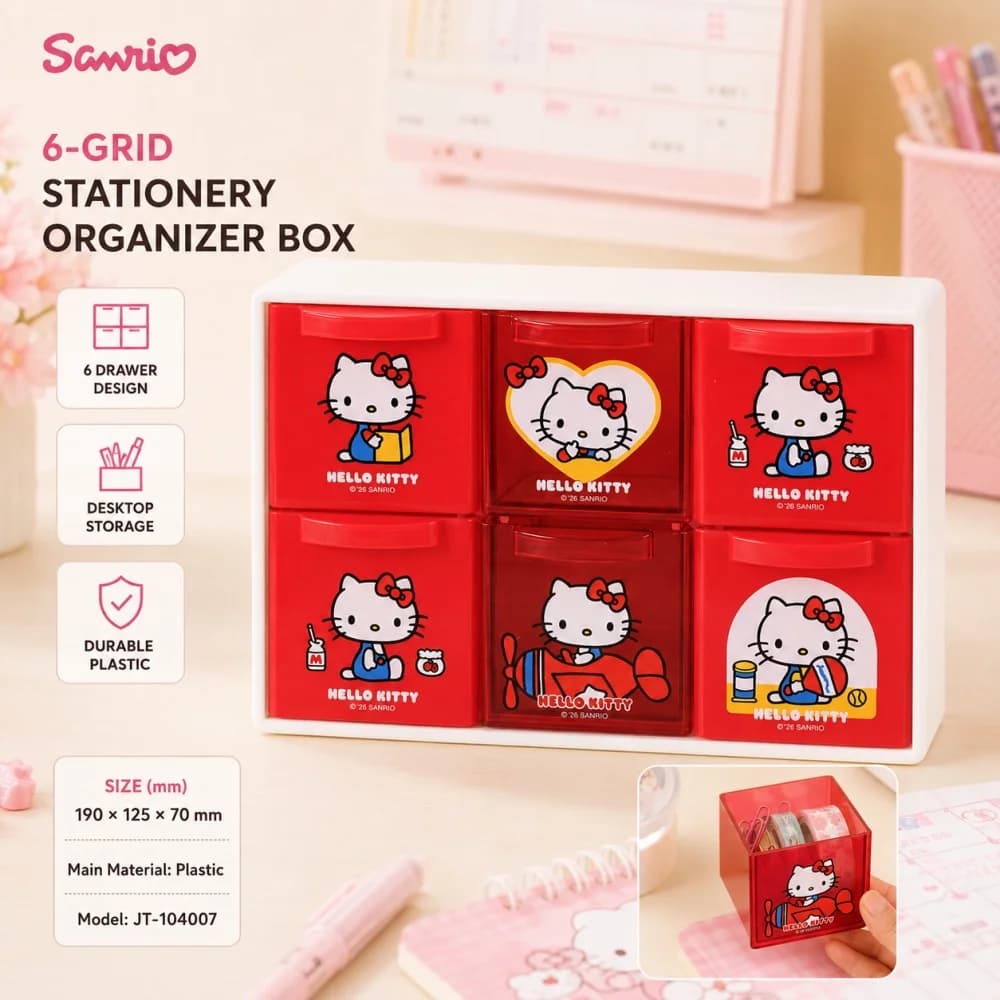 Genuine Hello Kitty Six Compartment Storage Box Sanrio Desktop Drawer Organizer for Pens Tape Clips Cosmetics Home Study