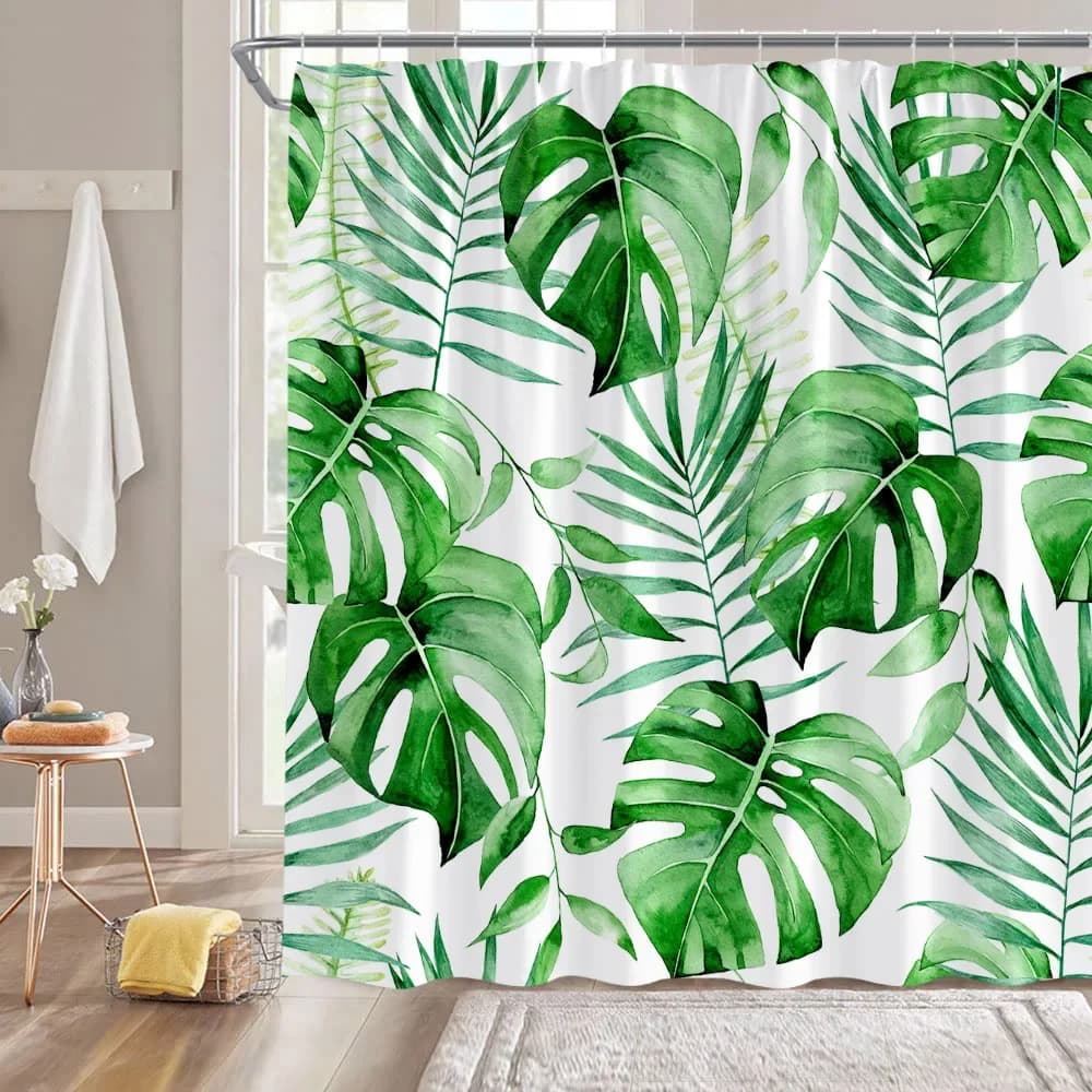 Tropical Leaves Shower Curtains Green Palm Leaf Plants Bath Curtain Set Modern Polyester Fabric Screen Bathroom Decor with Hooks