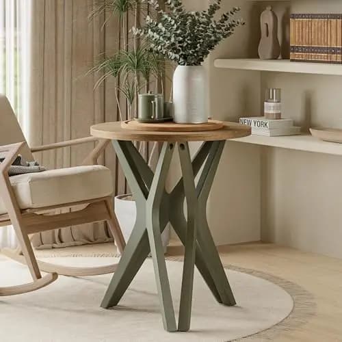 Pedestal Farmhouse End Table, Distressed Top with Tripod Base Bedside Table for Living Room, Modern, Boho, Round, Sage