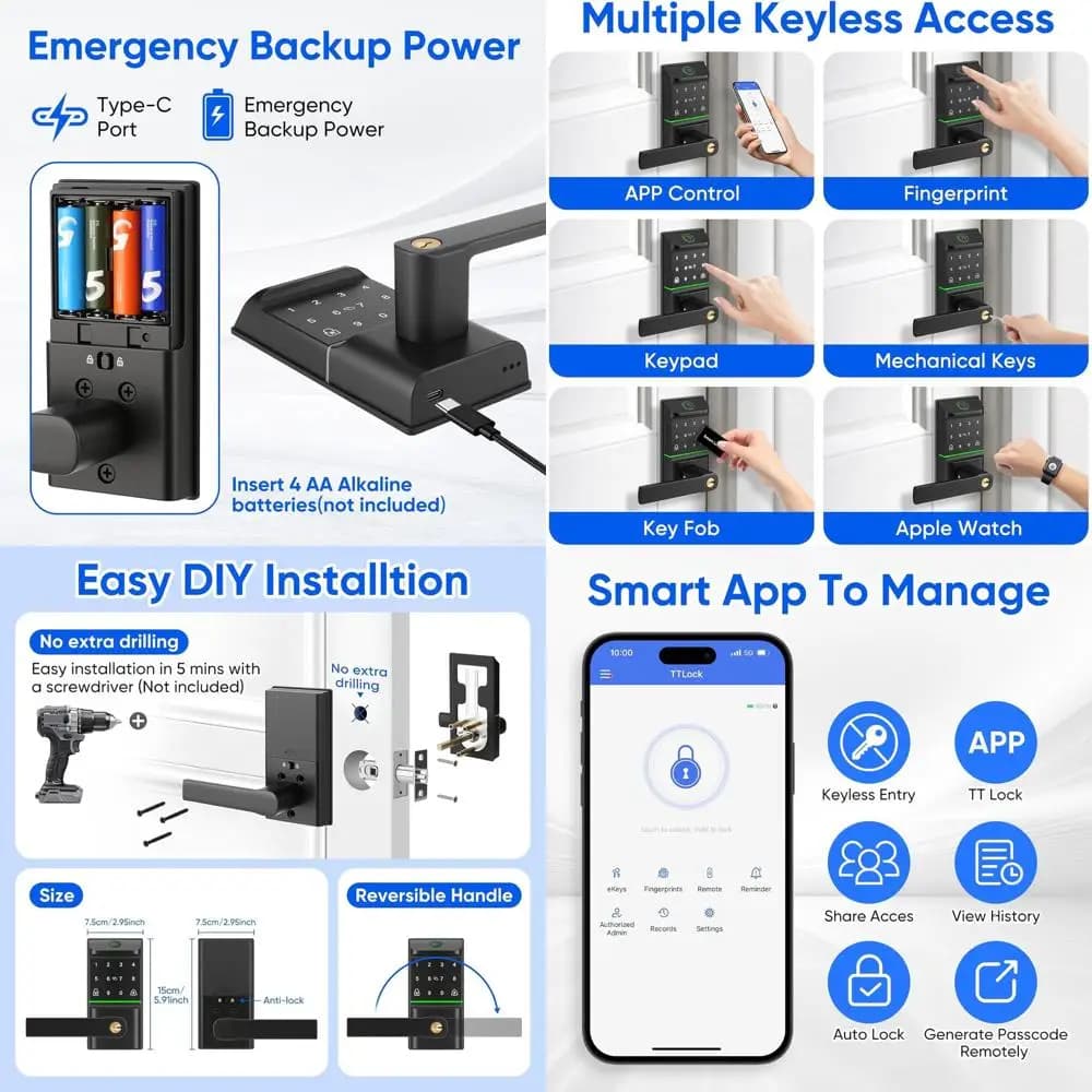 Serratura Intelligente con Maniglia, Accesso Senza Chiave, Chiusura Automatica, 7 Metodi di Sblocco Incluso Biometrico