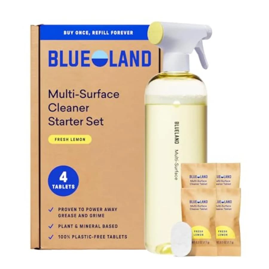 Detergente Multiuso BLUELAND, Profumo di Limone Fresco, Flacone Spray con 4 Pastiglie di Ricarica, Universale, Prodotto per la Pulizia Ecologico