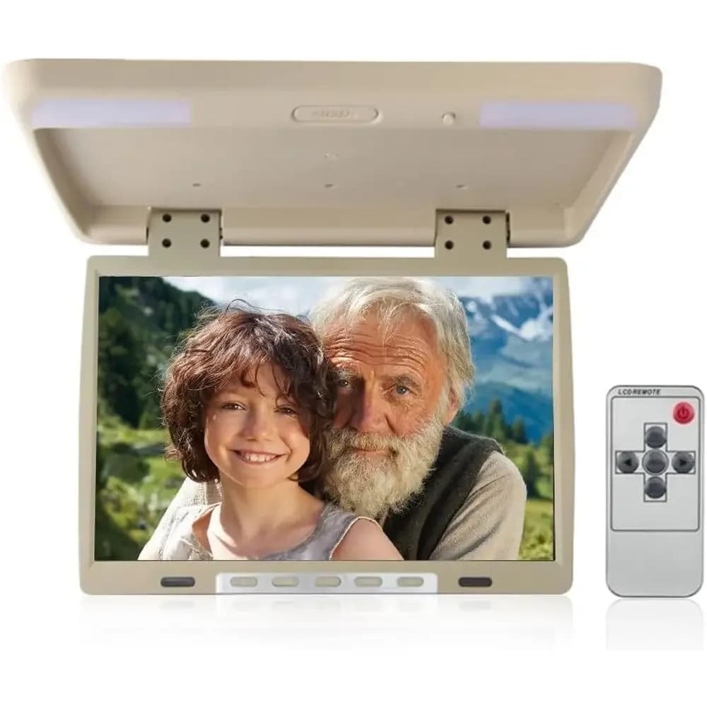 Monitor da Tetto per Auto da 15.4 Pollici con Schermo IPS Largo, Stereo, Controllo Remoto, Senza DVD (Beige)