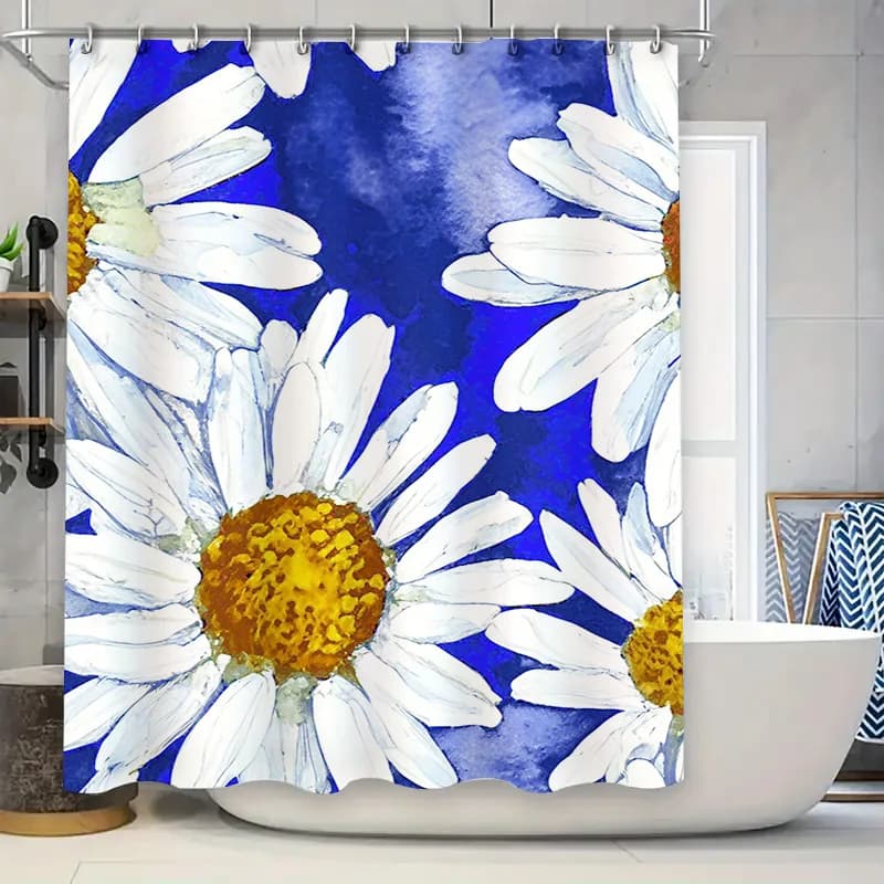 Tenda da doccia con margherita acquerello vibrante, stampa floreale per l'arredamento del bagno, set di tappetini da bagno blu e bianchi inclusi