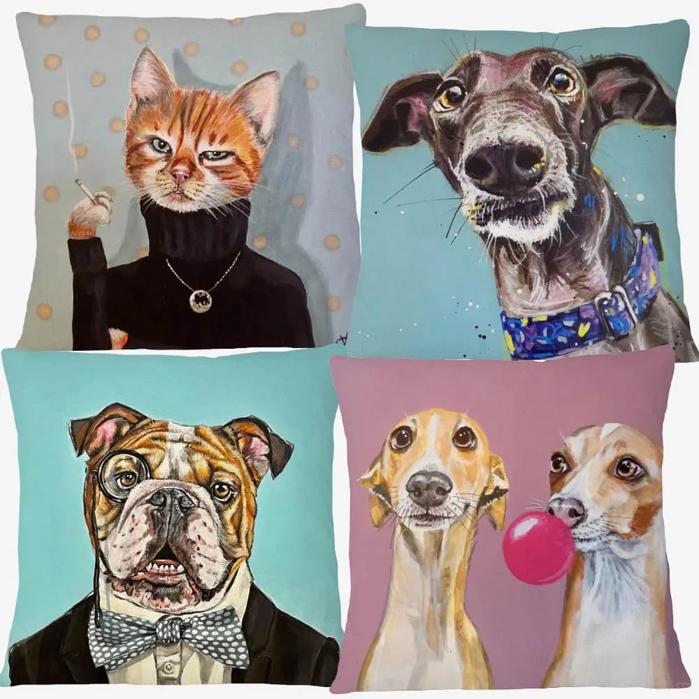 Fodere per cuscini con stampa animali: Levriero, Bulldog Francese, Bassotto, Dalmata, Coniglio, Asino, Mucca - Federe decorative
