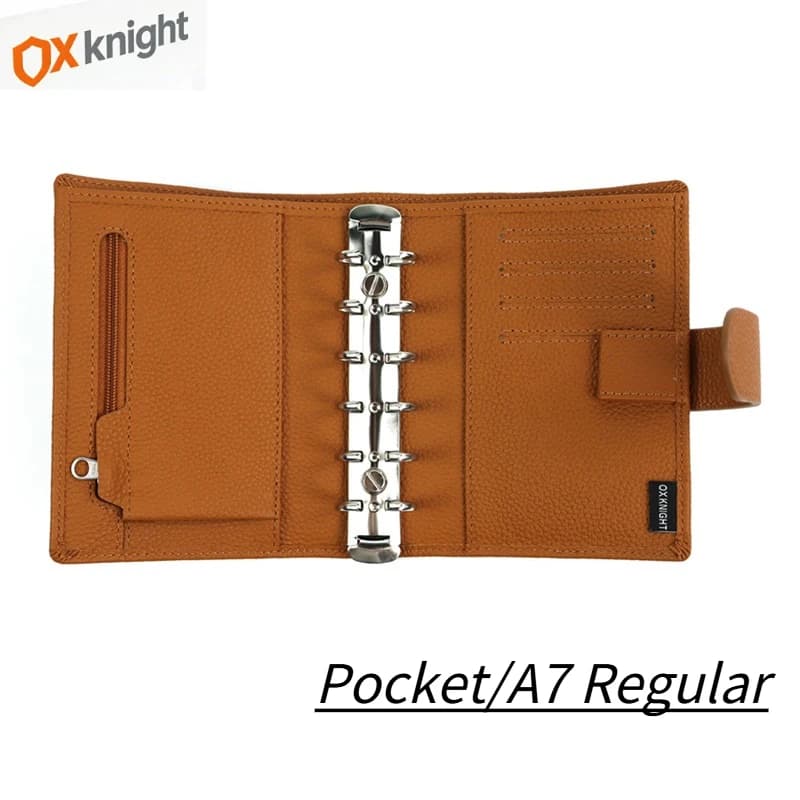 OX Knight 2026 New Pocket A7 Size Rings Planner Genuine Lychee Grain Leather Notebook Cover Agenda Organizer Diary Sketchbook