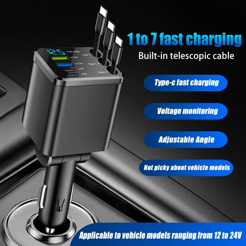 7-IN-1 Retractable Car Charger USB C Cable For IPhone Huawei Samsung Fast Charge Cigarette Lighter Adapter Type C USB Charger