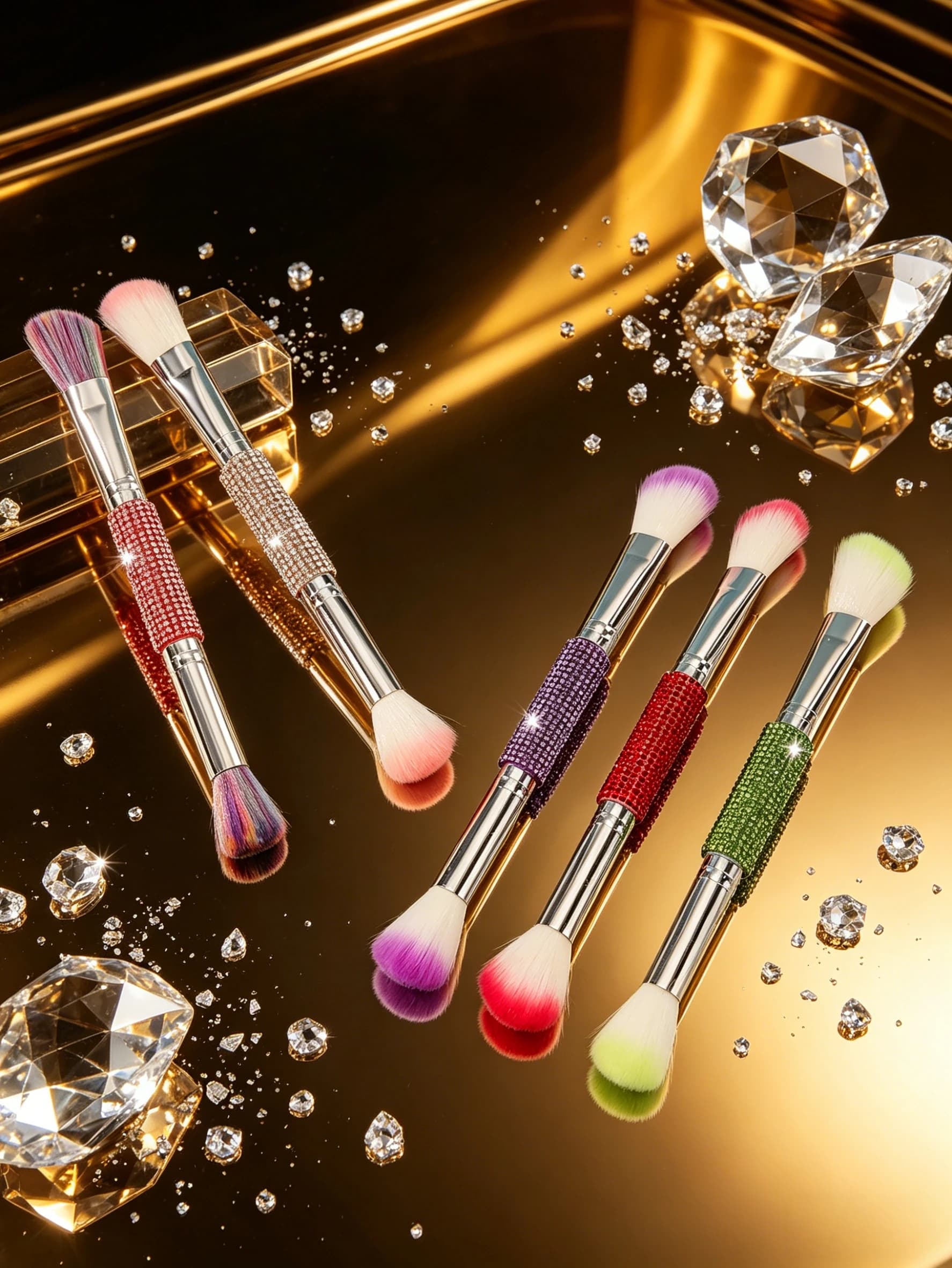 1 double-tip makeup brush with glittering rhinestones - Scented soft bristles, multi-purpose brushes for face and eyes for foundation, lightening, and shadow, luxury handle studded with diamonds in purple/red/green/pink/ rainbow colors