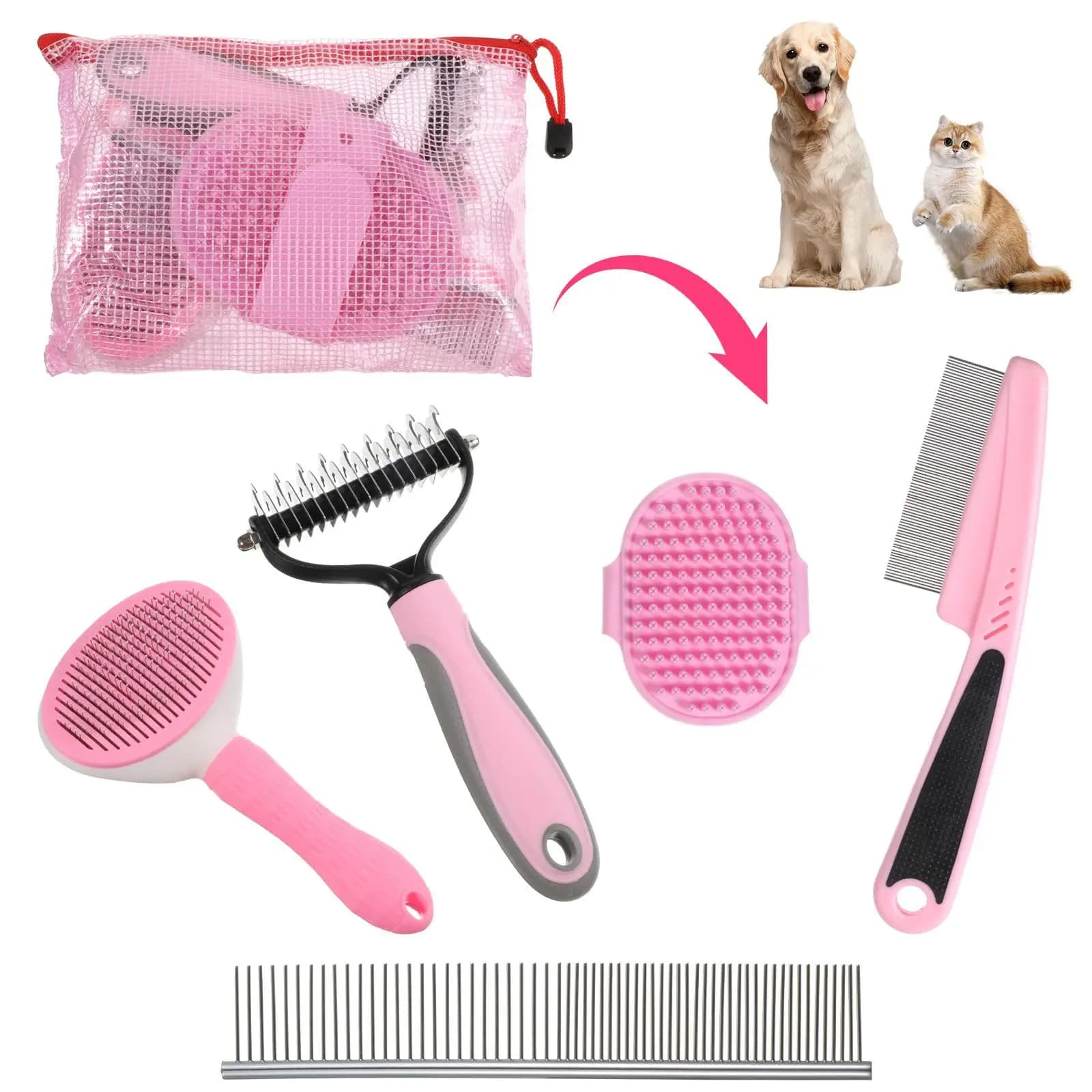 For Dogs Cats 5Pcs Stainless Steel Pet Grooming Comb Set Knot Remover Detangling Brush Pet Beauty Care Tool