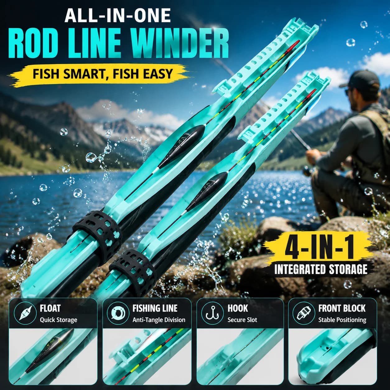 4in1 Integrated Fishing Rod Line Winder One Step Wrap Fishing Line Bobber Hook Anti Knot Storage Holder Outdoor Fishing Tool