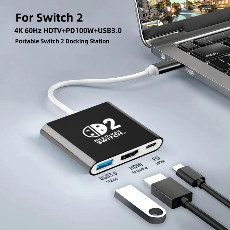 Docking Station Switch 2 with HDMI 4K, USB 3.0 Hub, USB Splitter TV Laptop for NDS Switch2, Laptop, PC, iPad, MacBook Air