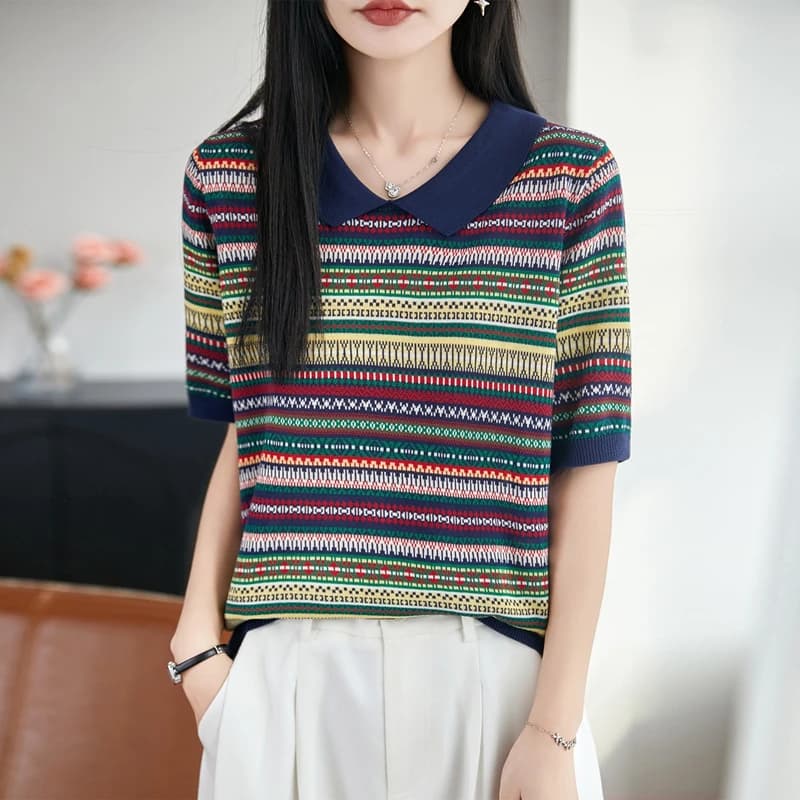 Summer 100% Lyocell Women's T-shirt Casual Stripe Knitted Hoodie Short Sleeve Loose Collar Tees Fashion Cool Top