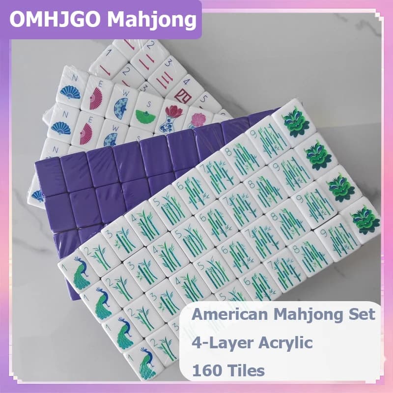 OMHJGO Set Mahjong Americano Viola e Verde, 4 Pezzi in Acrilico, 160 Tessere Mahjong con Joker, Gioco da Viaggio Portatile per Famiglia e Feste, Regalo