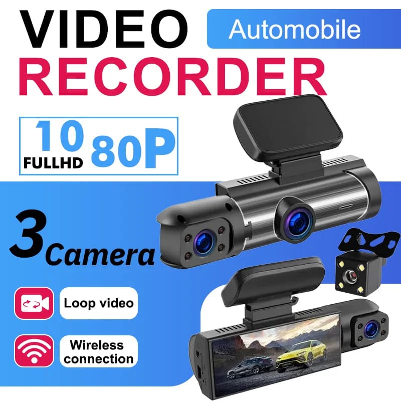 Dash Cam with 3 lenses FHD 1920*1080P, mini DVR recorder for cars, DVR for black box for three-channel internal camera