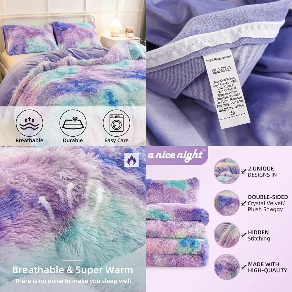 Set Copripiumino in Velluto Tie-Dye di Lusso, Morbido e Confortevole, Misura Queen, Blu Cristallo Peloso