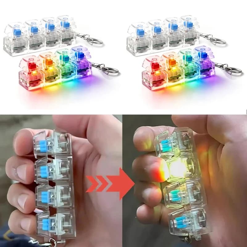 Portachiavi RGB Trasparente con Clicker, Fidget Pad a 4 Pulsanti con Feedback Tattile, Mini Gadget Luminoso Antistress, Accessorio da Scrivania, Regalo
