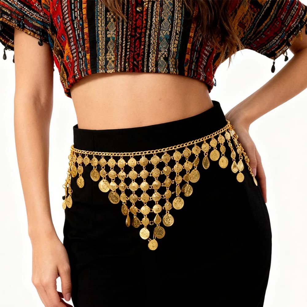 Trendy Luxury Gold Coin Pendant Waist Chain For Women Heavy Long Belt Dress Body Belly Triangle Ethnic Tribal Kurdish Accessory