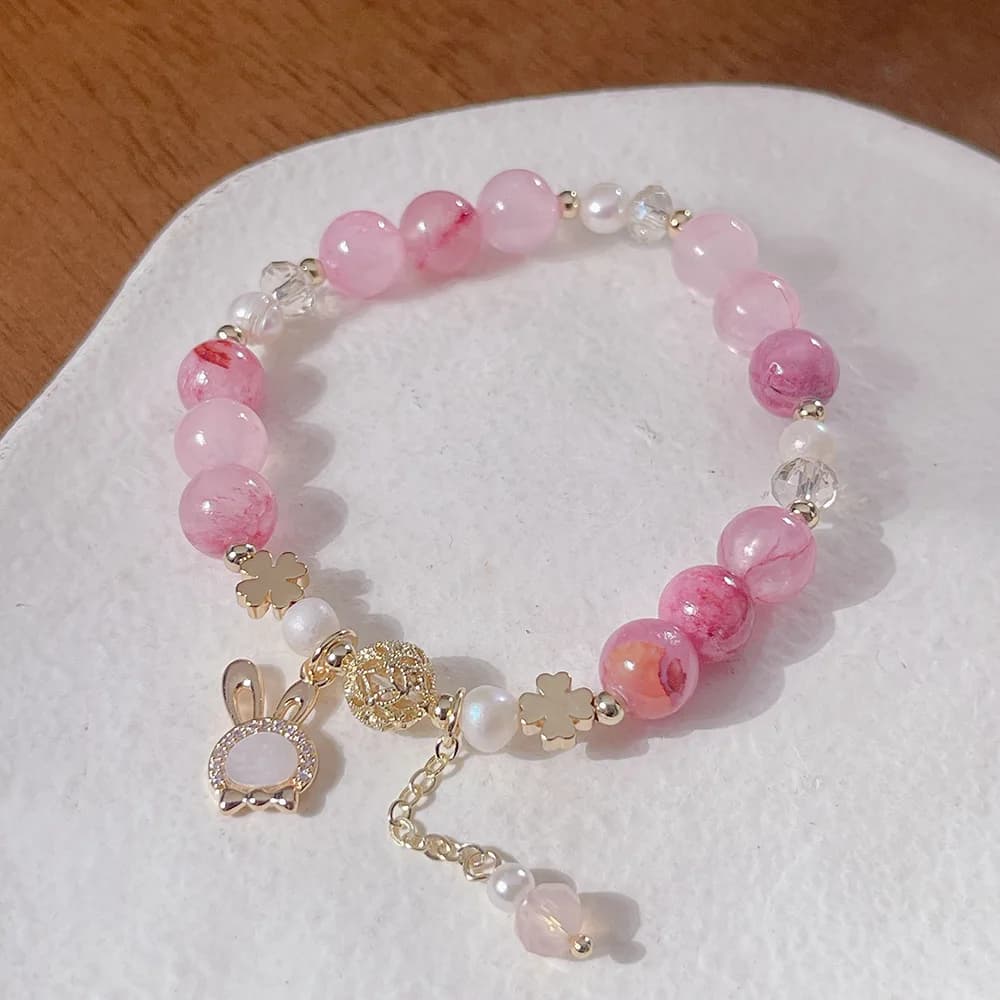 Squisito micro papillon intarsiato coniglietto braccialetto in pietra morganite carino studentessa ragazza piccoli gioielli accessori per le mani