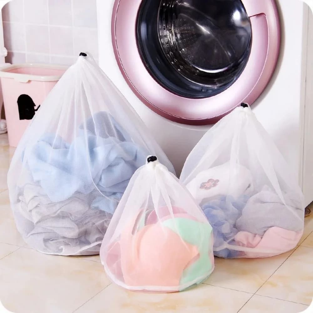 1PC Soft White Drawstring Mesh Laundry Bag for Washing Machine Travel Laundry Pouch Fine/Coarse Mesh Lingerie & Clothing Storage