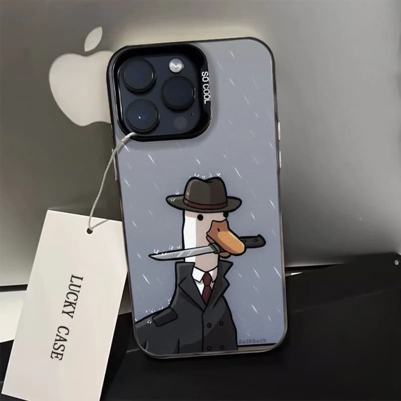 Cover per iPhone Detective Duck in Costume per iPhone 17 Air 16 15 14 11 Pro 13 12 Mini XR 8 7, Custodia Rigida Opaca Antiurto con Bumper Laser