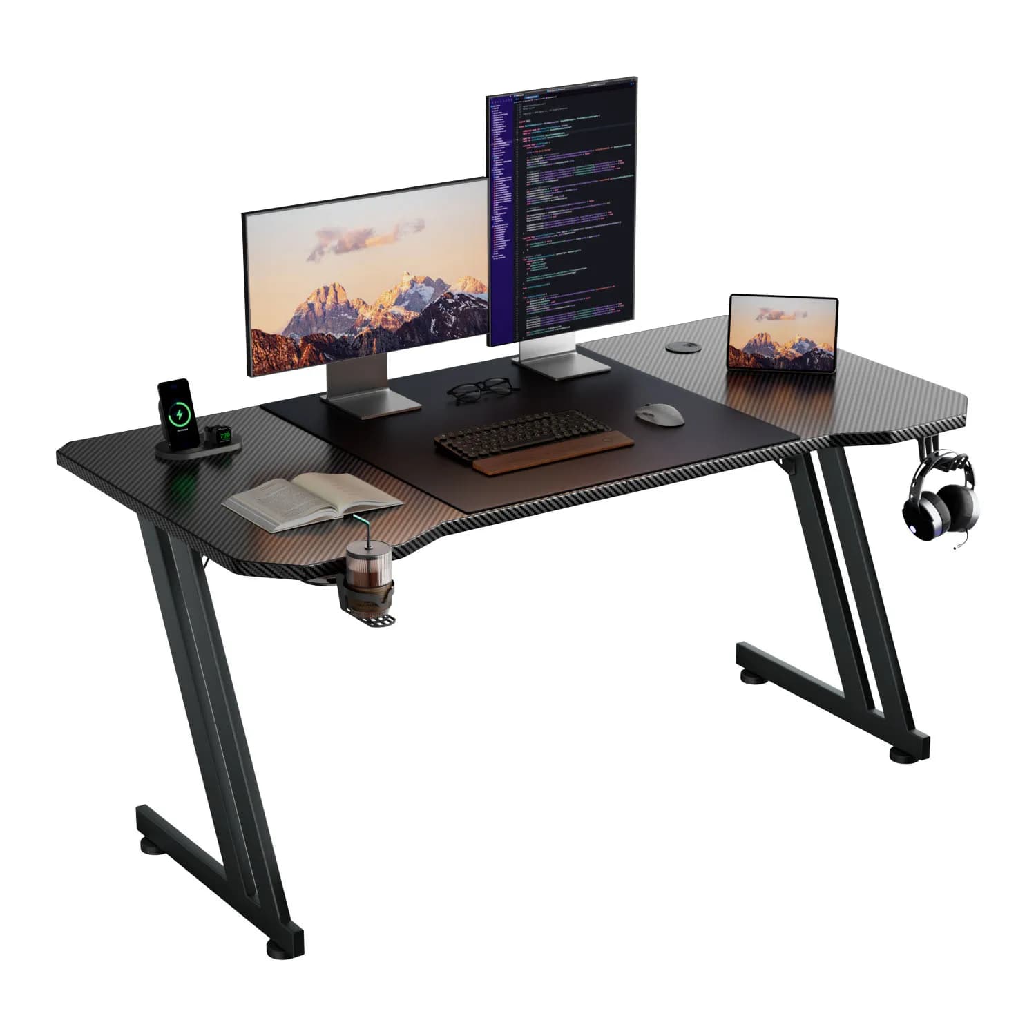 47"/55"/63" Gaming Desk, Carbon Fibre Surface Gaming Table, Large Computer Desk Ergonomic Home Office Desks, Z Shaped PC Gamer Workstations with Cup Holder & Headphone Hook, Black