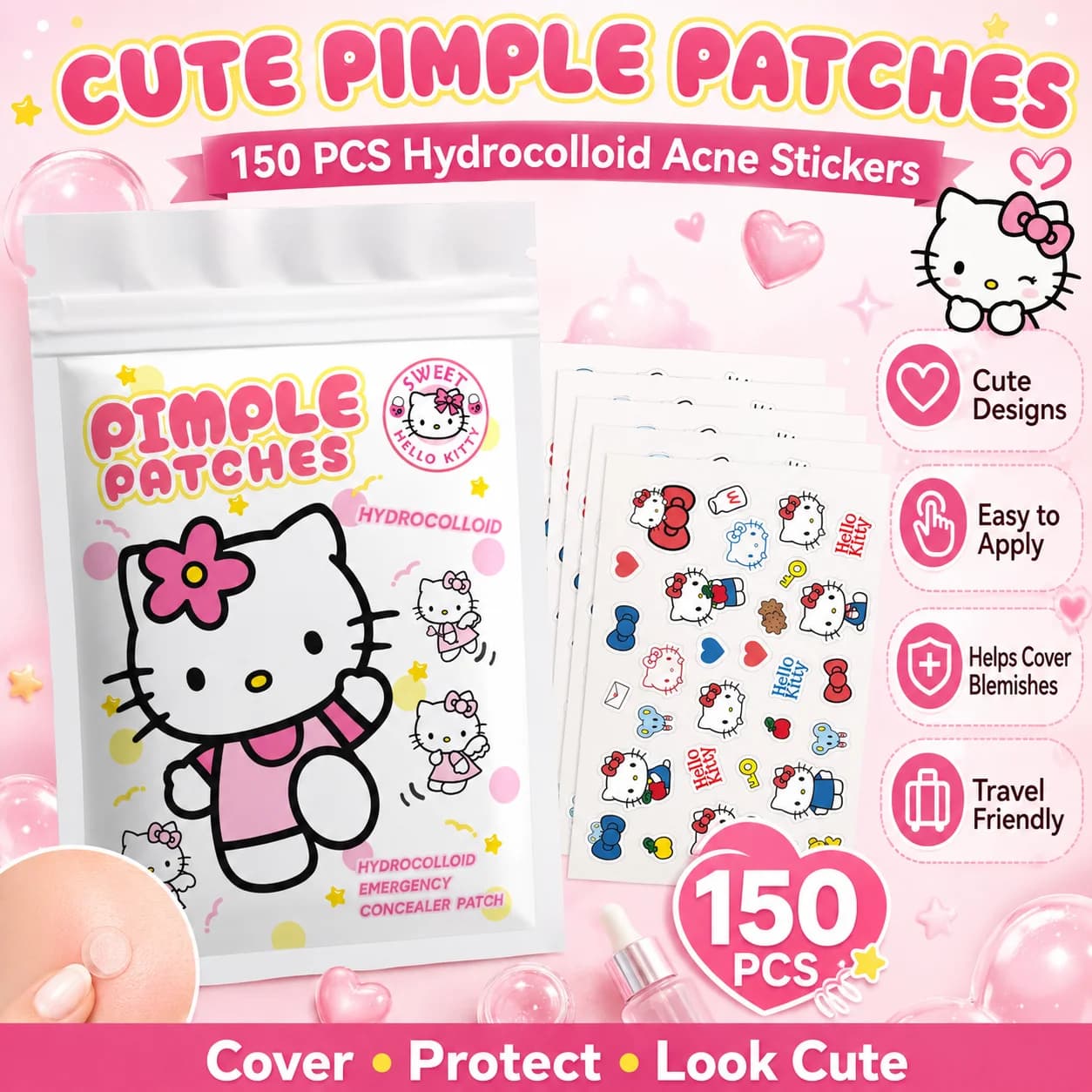 150 cerotti per l'acne Hello Kitty, cerotti per l'acne del viso, cerotti idrogel per la rimozione dell'acne, correttore