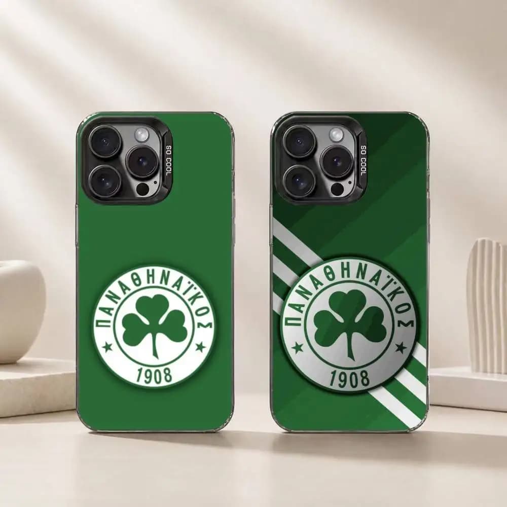 Custodia per telefono Football Club P-Panathinaikoss per iPhone 17, 16, 15, 14, 13, 12, 11 Plus, Pro Max, XS, Cover colorata argento