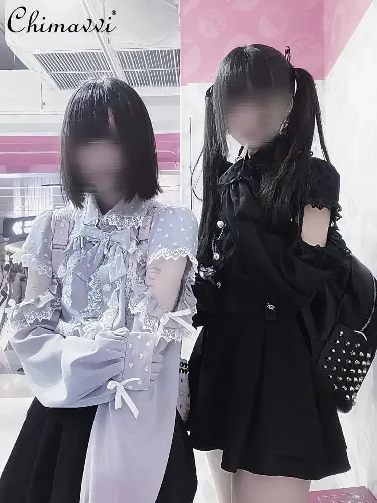 Camicia a maniche lunghe con spalle scoperte e fiocco in pizzo per ragazze dolci prodotte in serie giapponese Mine Camicetta Lolita da donna nuova autunno Y2k Top