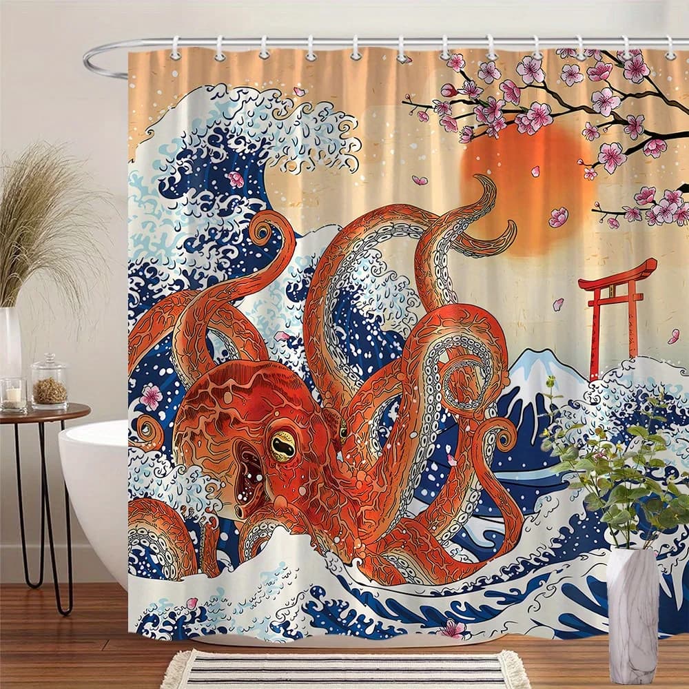 1 tenda da doccia con motivo artigianale giapponese a forma di polpo, tentacoli rosso-arancioni, Torii Gate e fiori di ciliegio - Design con onde al tramonto, 70x70 pollici
