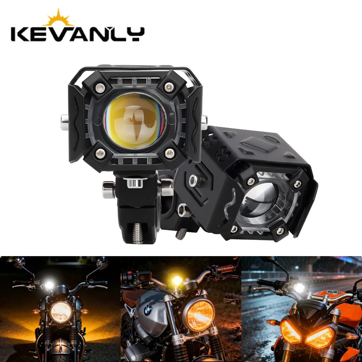 Faro da moto 1/2x bianco giallo con flash e occhio di demone rosso, abbagliante/anabbagliante per SUV ATV UTV RV, luce di guida 12V