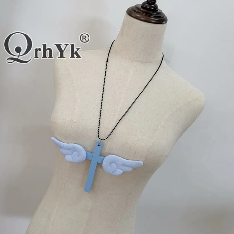 Cross Angel Wings Necklace Jesus Christ Pendant Choker Retro Jewelry Style Natural Wood Amulet