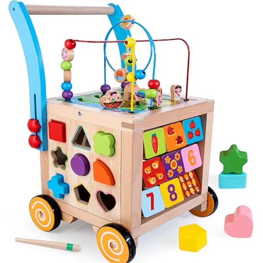 Girello in legno per neonati per uso interno, in legno naturale con finitura bianca, ruote scorrevoli, altezza e velocità regolabili, 9-in-1 con attività multiple