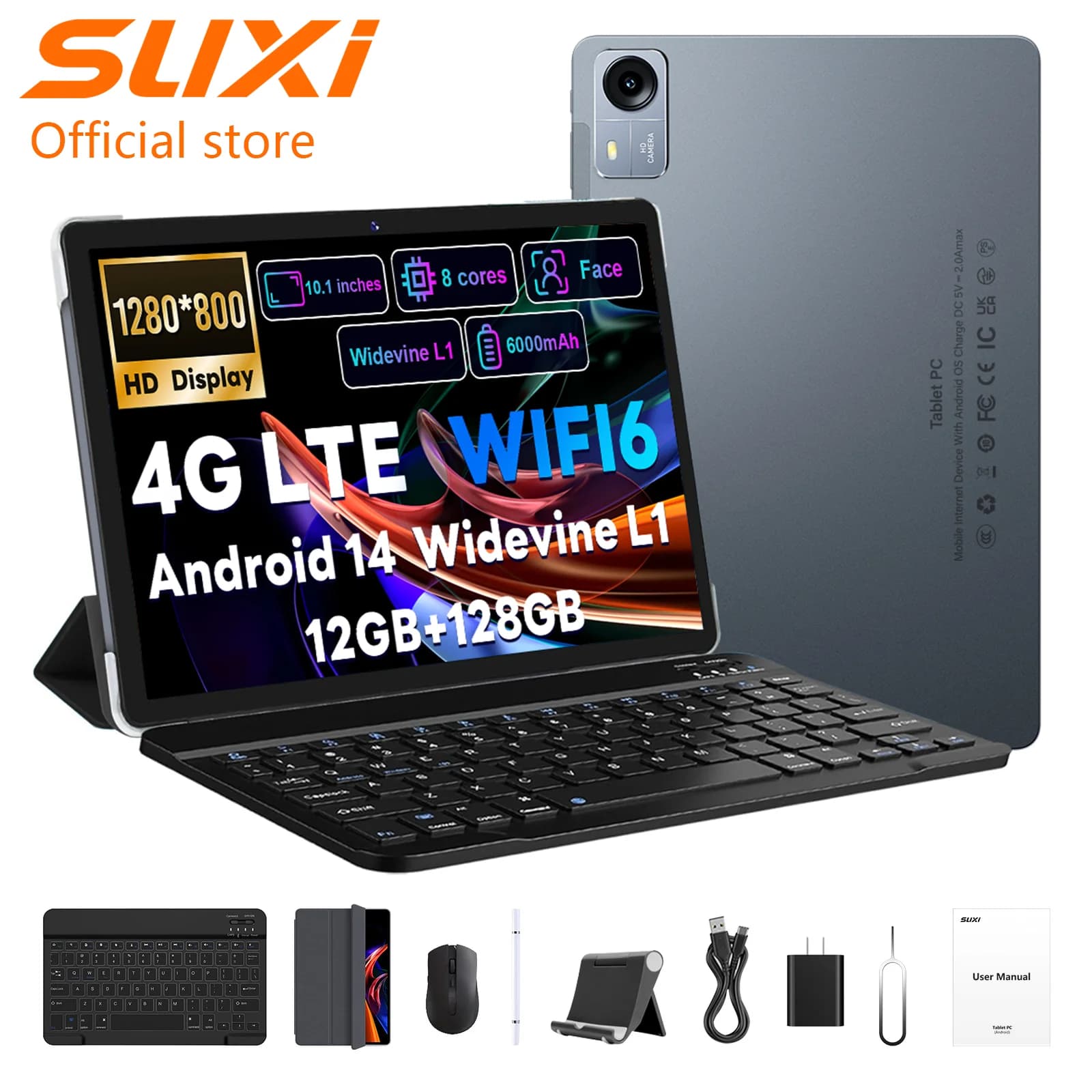 SUXI Poker A3 Android 14 Tablet 10.1 "IPS Max 12 GB RAM 128 GB ROM T606 8 core 6000 mAh Tastiera/Custodia/Mouse/Stilo/Cuffia/Supporto