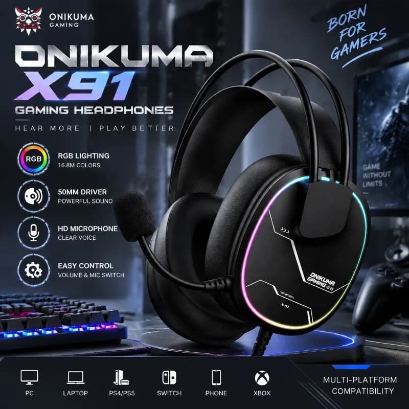 ONIKUMA X91 Gaming Headset 50mm Driver Wired Headphones RGB Light HD Microphone USB 3.5mm Stereo Sound PC PS5 Xbox Gamer Audio