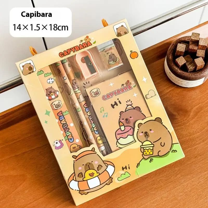 New 6Pcs/Set Kawaii Cute Cartoon Capybara Pencil Stationery Set Eraser Pencil Sharpener Children Student Stationery Supplies