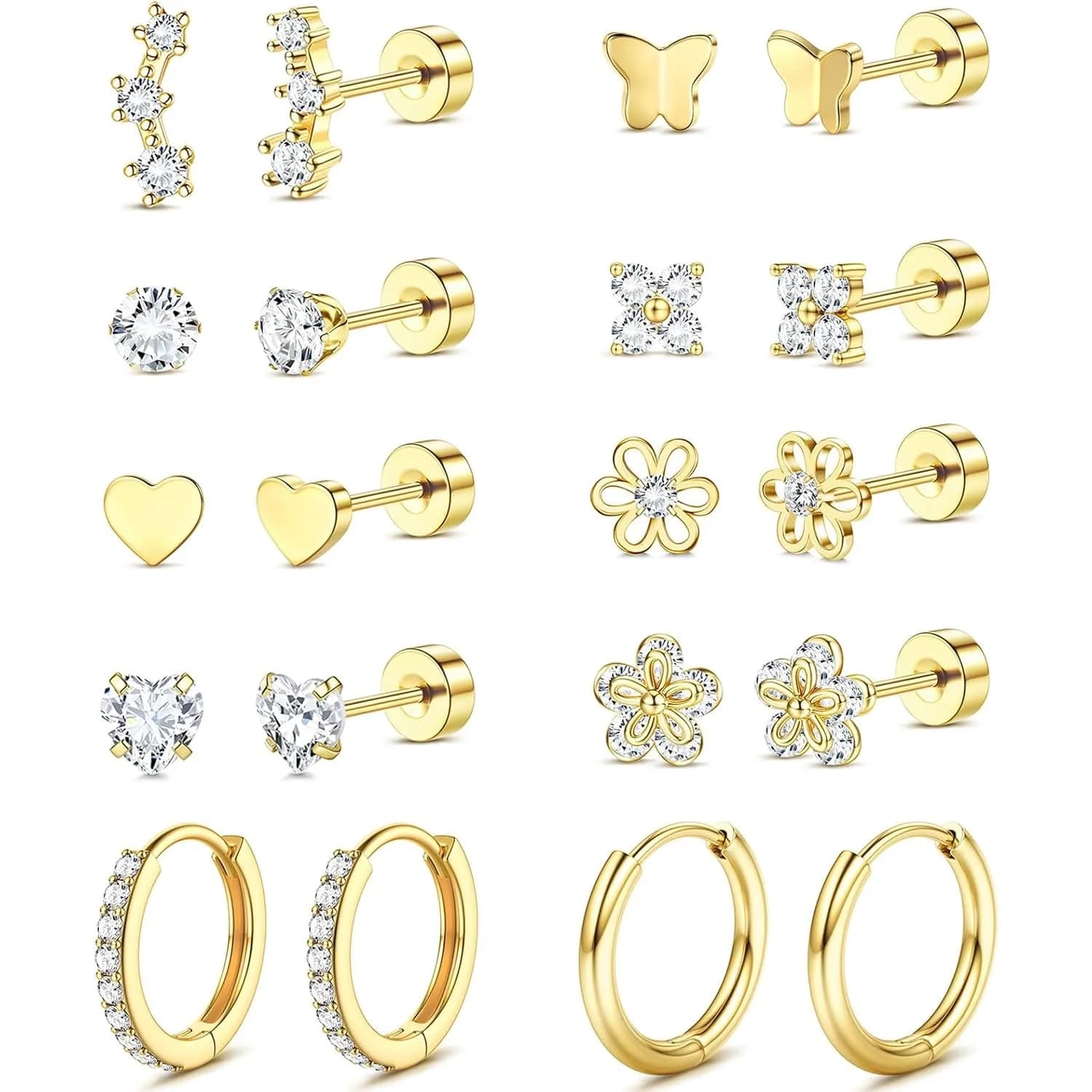 Orecchini a Cerchio Piatti per Donne, Ipoallergenici in Acciaio Chirurgico, Placcati in Oro 14K, Set di Orecchini a Perno con Cuore e Fiore