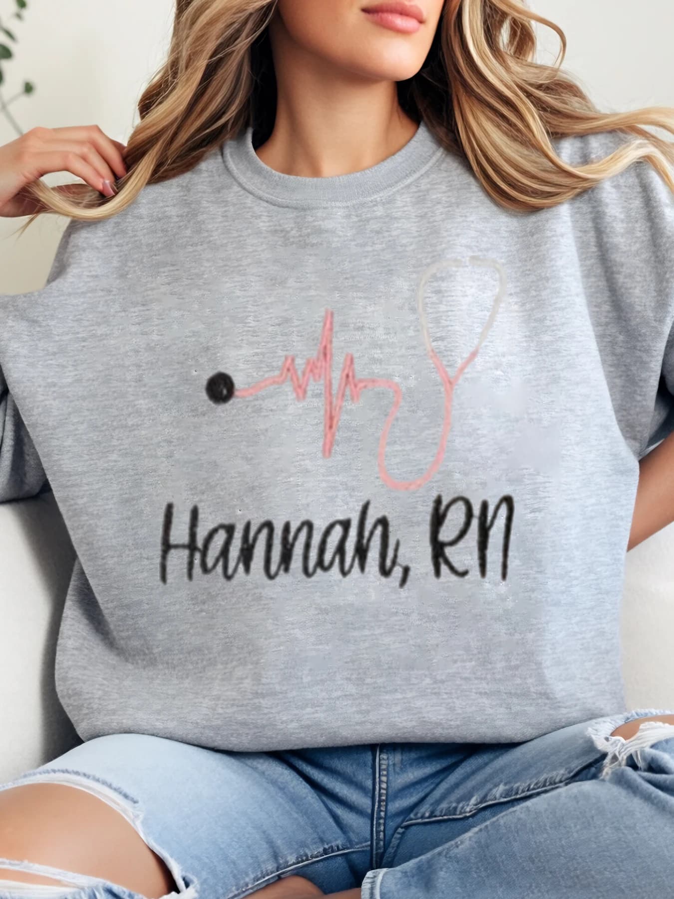 Printed sweatshirt with heartbeat line and name Crew neck sweatshirt gift for nurses party for women Workwear for nurse Strong cuts