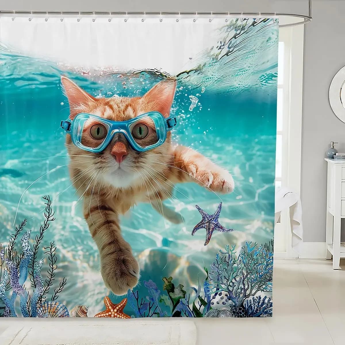 Feelyou Tenda Doccia per Bambini e Bambine a Tema Oceano, Set Tenda Doccia Bagno con Gatti Carini e Vita Marina, Mondo Sottomarino Marino