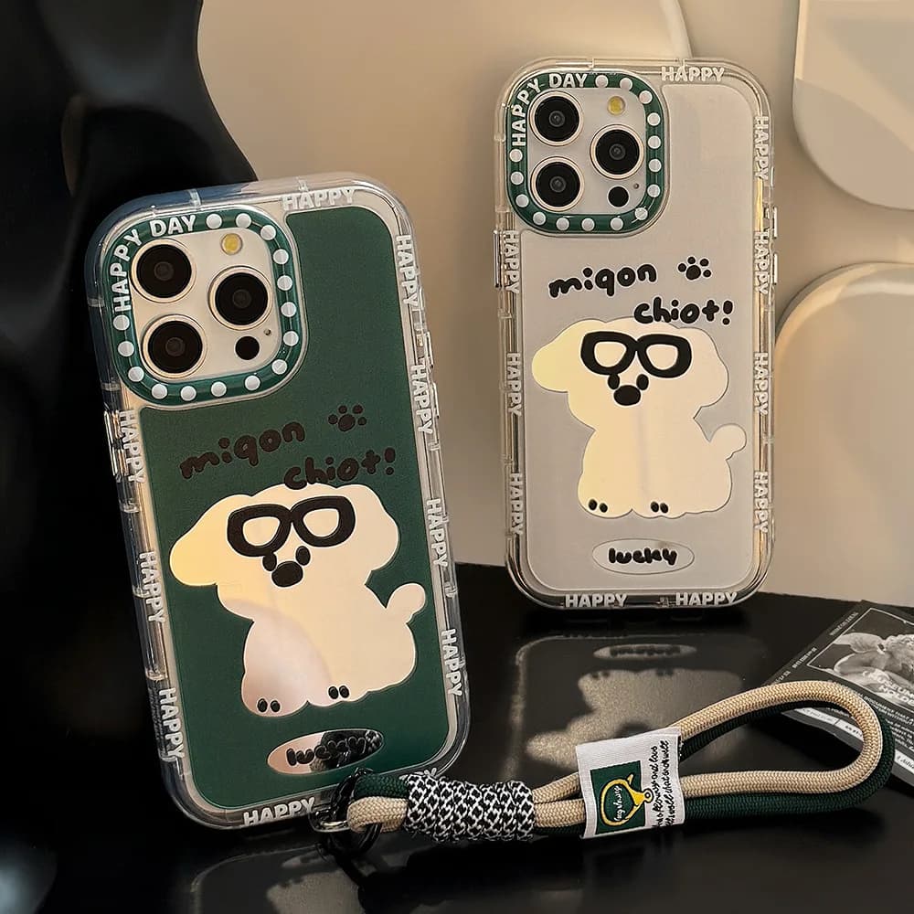 Custodia per telefono di lusso con specchio per il trucco a forma di cucciolo dei cartoni animati, per coppia, per iPhone 17 Air 16 15 14 13 12 11 Pro Max, con laccetto e protezione antiurto