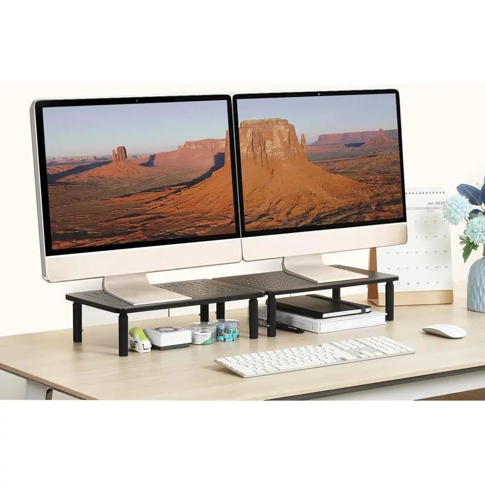 Dual Adjustable Laptop Stands with Mesh Metal Organizer and Storage Shelf (14.5 L x 9.3 W)